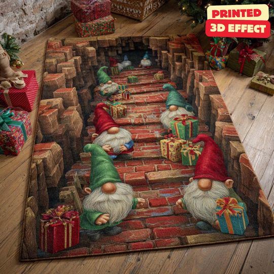 Discover Gnome Gift Tunnel 3D Rug, Christmas Area Rug, 3D Gnome Christmas Rug, Brick Tunnel Illusion Carpet, Holiday Gnome Area Rug,Printed 3D Effect