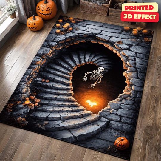 Discover Skeleton Stairwell Rug, 3D Illusion Halloween Area Rug, 3D Skeleton Halloween Rug, Spooky Stairs Illusion Carpet, Gothic Halloween Area Rug