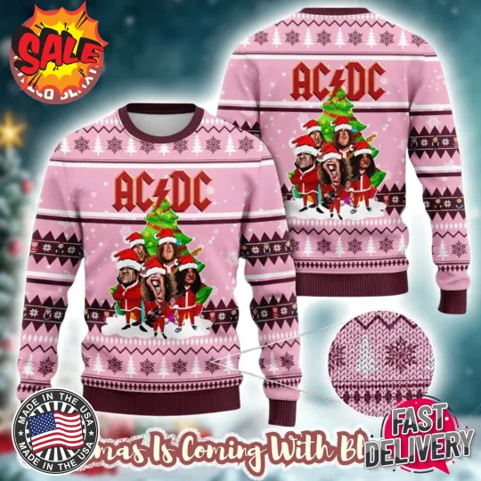 Discover NEW!! AC-DC Funny Band Graphics Vintage Pink Christmas 2025 Ugly Sweater