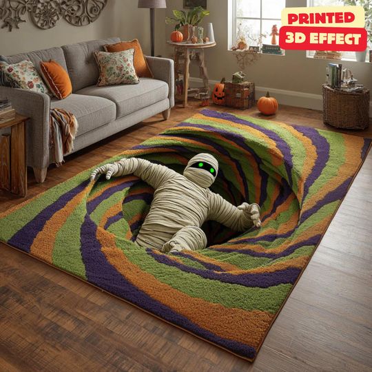 Discover Mummy Vortex 3D Rug, Halloween Area Rug, 3D Mummy Illusion Rug, Swirl Halloween Carpet, Halloween Area Rug, Printed 3D Mummy Vortex