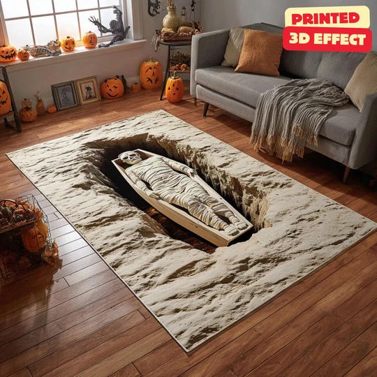 Discover Mummy Coffin 3D Rug, Halloween Area Rug, 3D Mummy Illusion Rug, Coffin Pit Halloween Carpet, Gothic Halloween Area Rug, Printed 3D Mummy