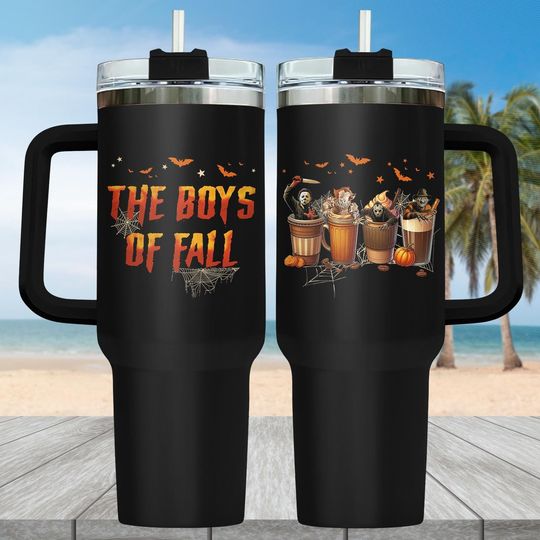 Horror Characters 40oz Tumbler with Handle, Slasher Movie Villain, Halloween Scary Gift, Spooky Fan Drinkware, The Boys Of Fall Steel Tumbler