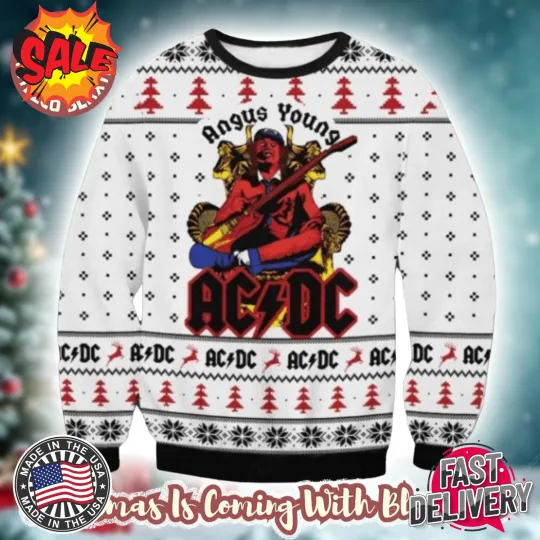 Discover NEW!! AC-DC Angus Young In Throne Snowflakes Pattern Knitted White Ugly Sweater