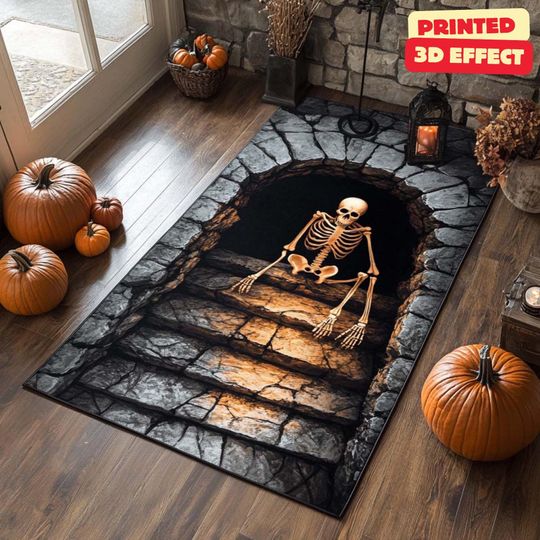Discover Skeleton Stairwell Rug, 3D Illusion Halloween Area Rug, 3D Skeleton Halloween Rug, Spooky Stairs Illusion Carpet, Gothic Halloween Area Rug