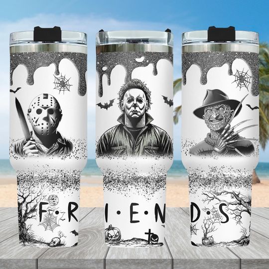 Horror Characters 40oz Tumbler with Handle, Slasher Movie Fan Cup, Spooky Halloween Drinkware Tumbler, Creepy Villain Gift, Horror Steel Tumbler