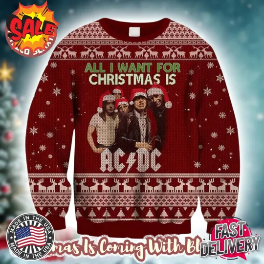 Discover NEW!! AC-DC All I Want For Christmas Is AC-DC Snowflakes And Reindeer Ugly Sweater