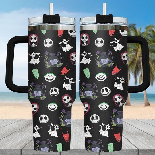 Jack And Sally 40oz Tumbler with Handle, Nightmare Before Christmas Cup, Spooky Love Drinkware, Tim Burton Movie Gift