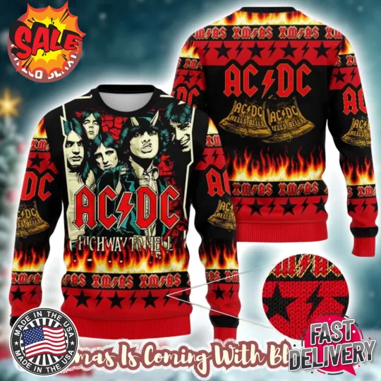Discover NEW!! AC-DC High Way To Hell X Hells Bells Signature Albums Xmas B-R Ugly Sweater