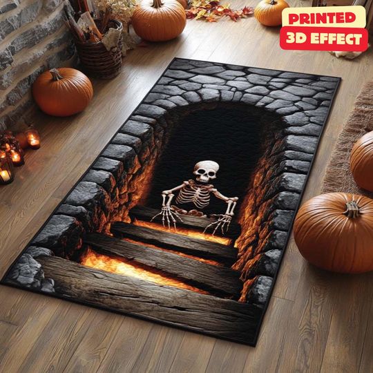 Discover Skeleton Stairwell Rug, 3D Illusion Halloween Area Rug, 3D Skeleton Halloween Rug, Spooky Stairs Illusion Carpet, Gothic Halloween Area Rug