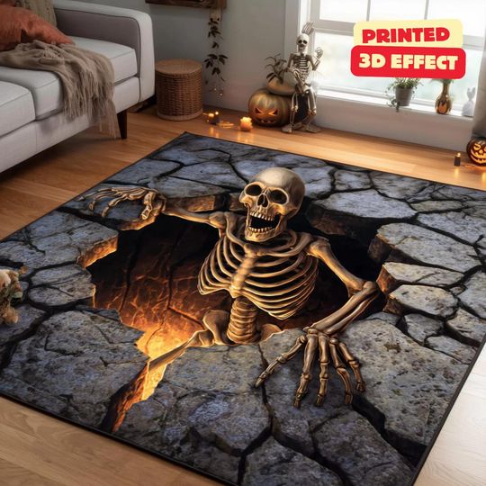 Discover Skeleton Stairwell Rug, 3D Illusion Halloween Area Rug, 3D Skeleton Halloween Rug, Spooky Stairs Illusion Carpet, Gothic Halloween Area Rug