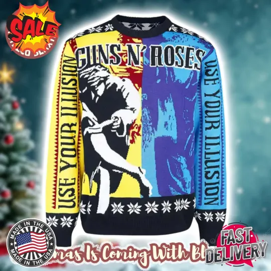 Guns N Roses Use Your Illusion Album Split Yellow And Blue Ugly Sweater