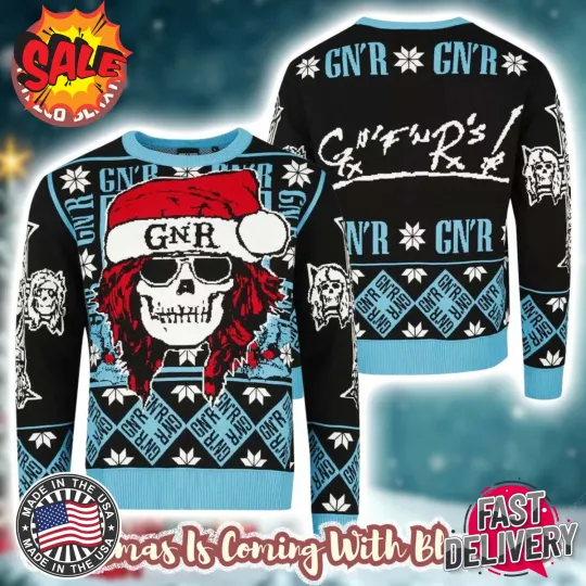 Discover NEW!! Guns N Roses Iconic Skull With GNR Santa Hat Cross Logo Knitt Ugly Sweater