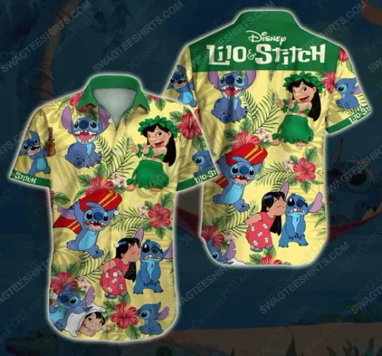 Floral Lilo And Stitch Disney Cartoon Hawaiian Shirt, Button Up Shirt For Mens