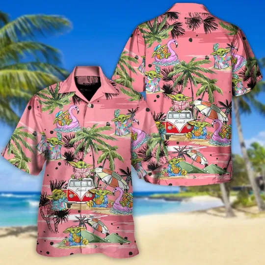 Discover Disney Star Wars Cartoon Baby Yoda Pink Hawaiian Shirt Summer Beach Aloha
