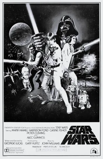 1977 Star Wars Episode IV A New Hope Black and White Movie Poster, Darth Vader Luke Skywalker