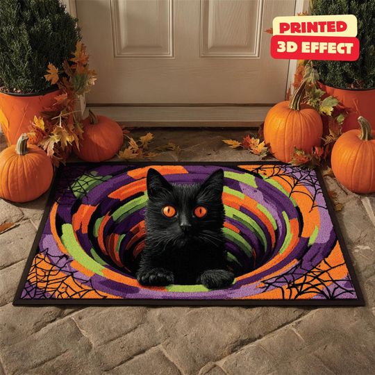 Discover Halloween Black Cat 3D Printed Doormat, Halloween Black Cat Welcome Mat, Black Cat Indoor Doormat, Custom Doormat, Halloween Home Decor