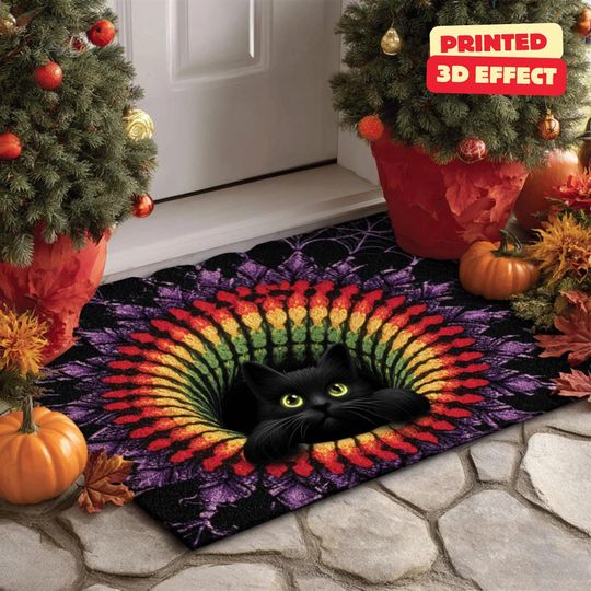Discover Halloween Black Cat 3D Printed Doormat, Halloween Black Cat Welcome Mat, Black Cat Indoor Doormat, Custom Doormat, Halloween Home Decor