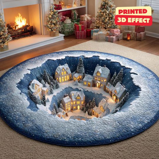 Round Winter Village 3D Rug, Christmas Area Rug, Frosty Village Round Rug, Printed 3D Effect Christmas Carpet, Christmas Round Area Rug