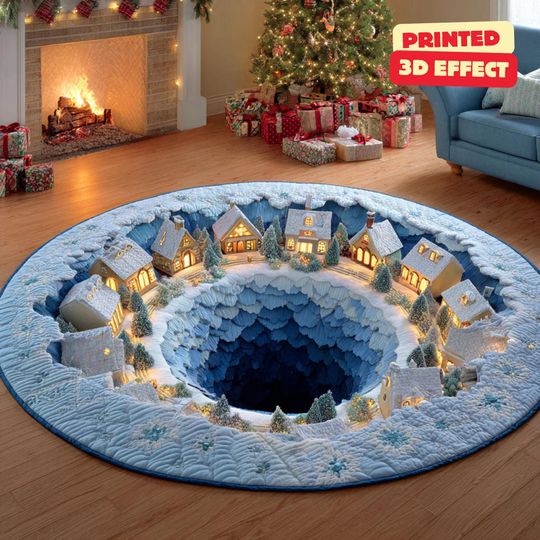 Round Winter Village 3D Rug, Christmas Area Rug, Frosty Village Round Rug, Printed 3D Effect Christmas Carpet, Christmas Round Area Rug