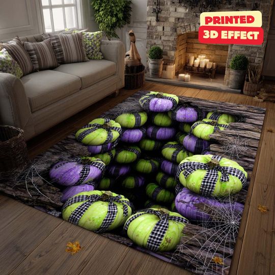 Discover Pumpkin Pit 3D Rug, Green & Purple Halloween Area Rug, 3D Pumpkin Illusion Rug, Halloween Pumpkin Area Rug, Printed 3D Effect, Washable