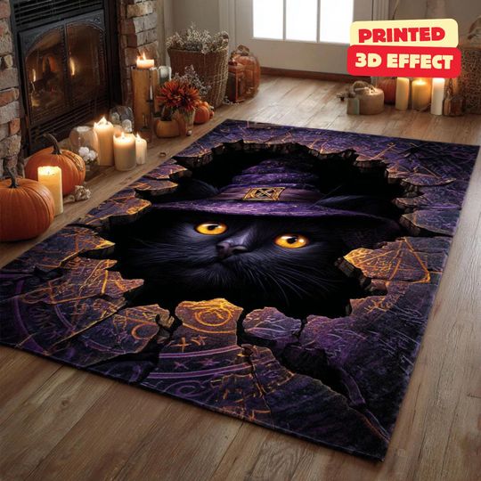 Black Cat 3D Rug, Patchwork Halloween Area Rug, Halloween Black Cat Rug, 3D Illusion Quilt Rug, Witchy Black Cat Area Rug, Printed 3D
