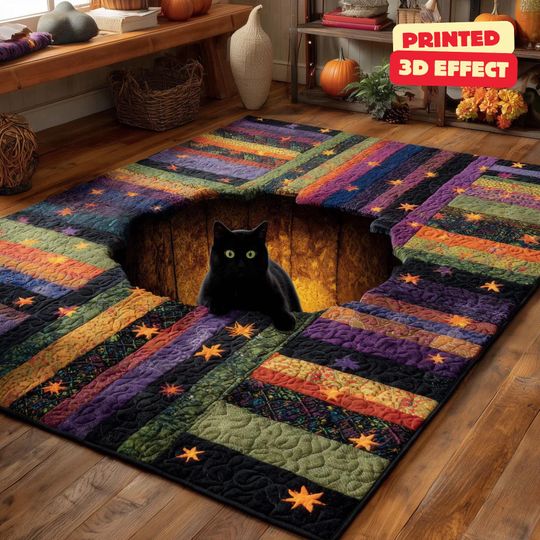 Discover Black Cat 3D Rug, Patchwork Halloween Area Rug, Halloween Black Cat Rug, 3D Illusion Quilt Rug, Witchy Black Cat Area Rug, Printed 3D