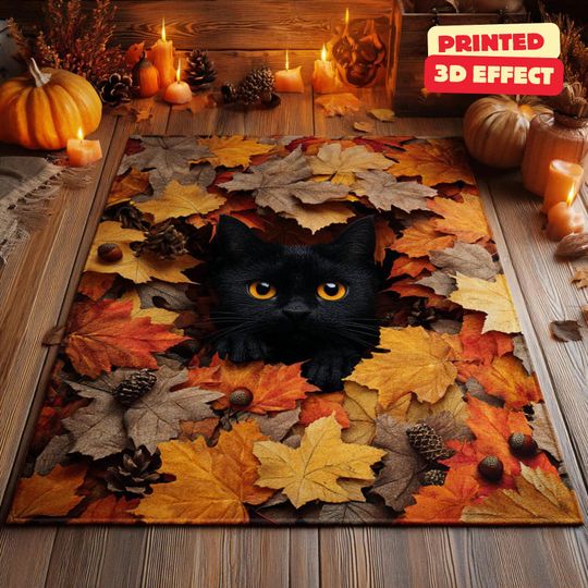Black Cat 3D Rug, Patchwork Halloween Area Rug, Halloween Black Cat Rug, 3D Illusion Quilt Rug, Witchy Black Cat Area Rug, Printed 3D