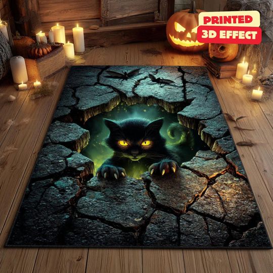 Discover Black Cat 3D Rug, Patchwork Halloween Area Rug, Halloween Black Cat Rug, 3D Illusion Quilt Rug, Witchy Black Cat Area Rug, Printed 3D