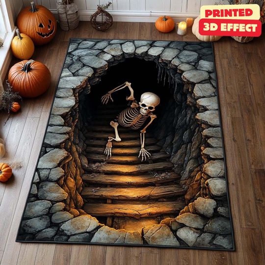 Discover Skeleton Stairwell Rug, 3D Illusion Halloween Area Rug, 3D Skeleton Halloween Rug, Spooky Stairs Illusion Carpet, Gothic Halloween Area Rug