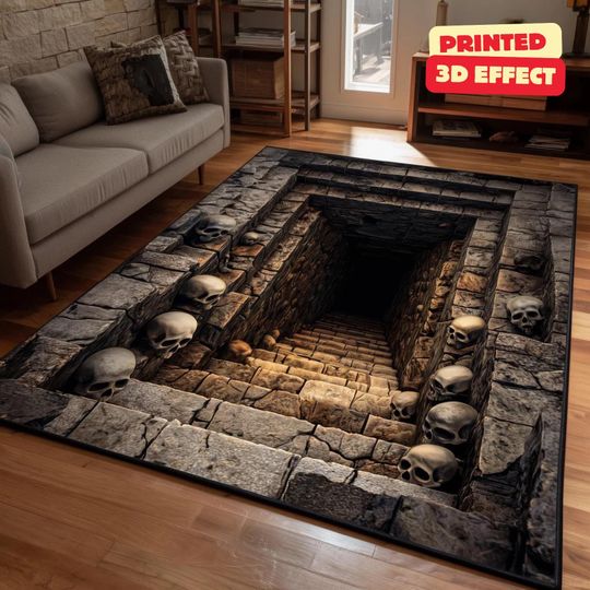 Discover Skeleton Stairwell Rug, 3D Illusion Halloween Area Rug, 3D Skeleton Halloween Rug, Spooky Stairs Illusion Carpet, Gothic Halloween Area Rug