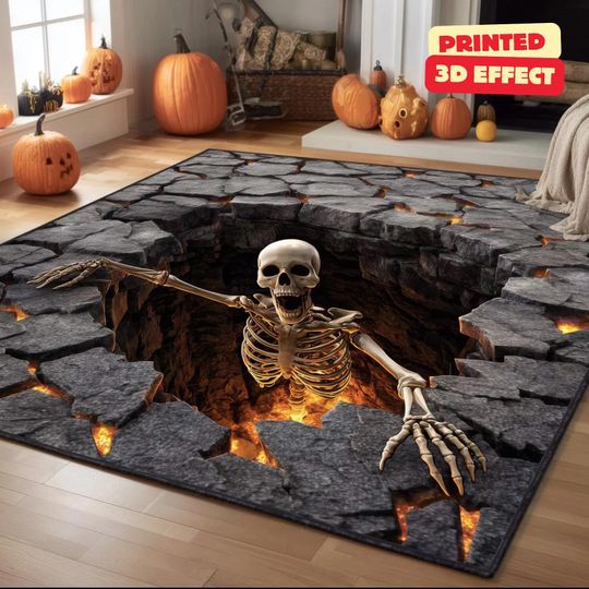 Discover Skeleton Stairwell Rug, 3D Illusion Halloween Area Rug, 3D Skeleton Halloween Rug, Spooky Stairs Illusion Carpet, Gothic Halloween Area Rug