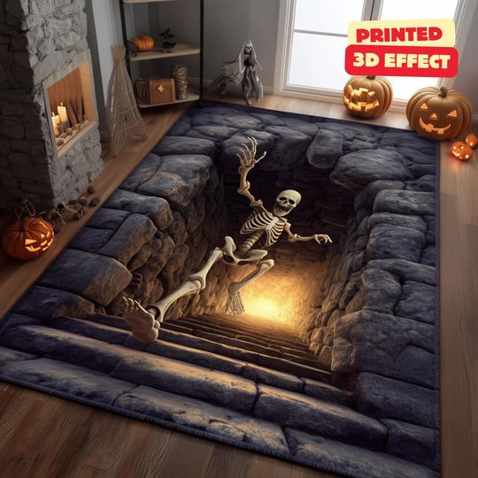 Discover Skeleton Stairwell Rug, 3D Illusion Halloween Area Rug, 3D Skeleton Halloween Rug, Spooky Stairs Illusion Carpet, Gothic Halloween Area Rug