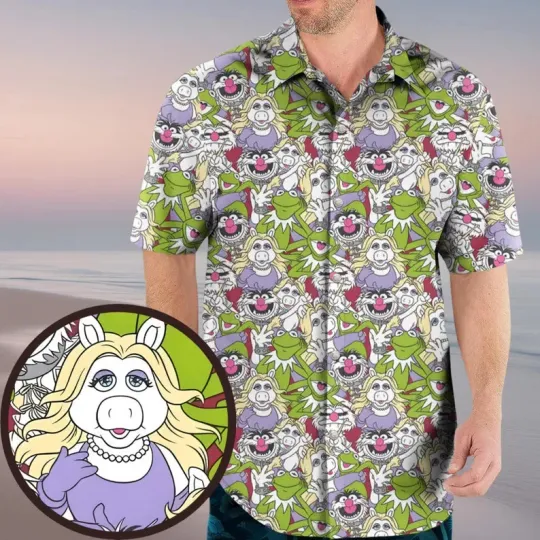 Discover Disney The Muppets Mania Vacation  Kermit Beach 80s Cartoon Hawaiian Shirt