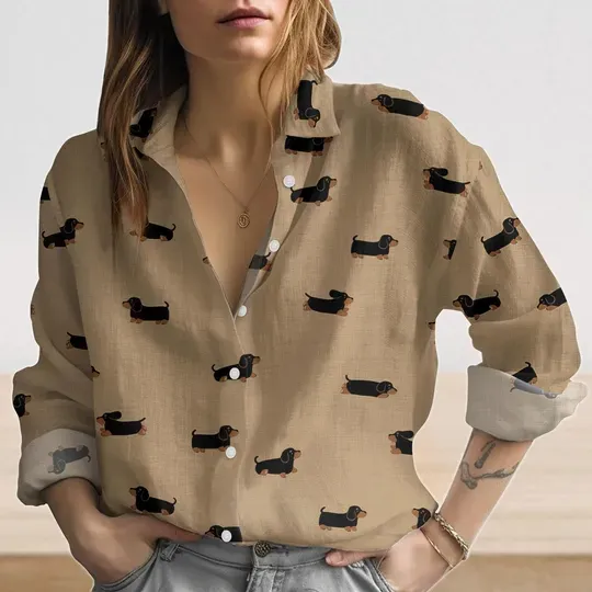 Discover Dachshund Dog Linen-Look Shirt, Cute Dog Shirt For Women, Sausage Dog Blouse Shirt, Funny Pet Women Shirt, Summer Shirt, Gift For Her