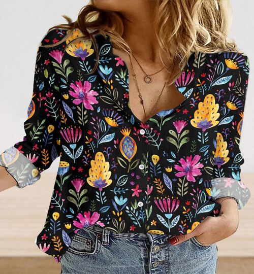 Discover Vintage Wildflower Linen-Look Shirt, Cottagecore Casual Shirt, Garden Women Blouses Tops, Floral Flowers Summer Shirt, Gift For Her