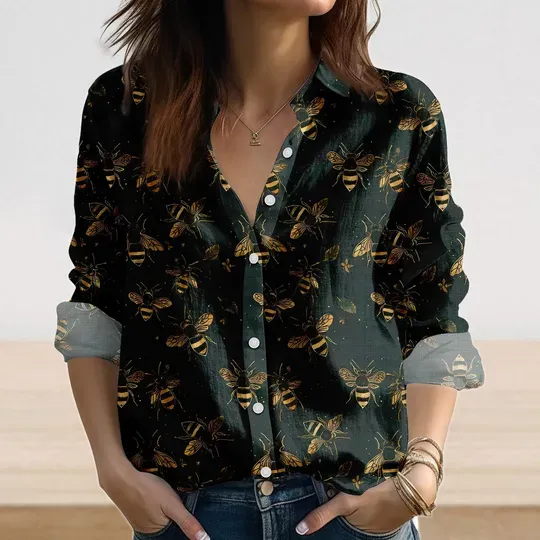 Discover Vintage Bee Floral Linen-Look Shirt, Nature Casual Shirt, Bee Love Blouse Shirt, Retro Long Sleeve Shirt