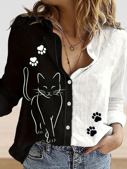Discover Cat Linen-Look Shirt, Cat Button Up Shirt, Funny Cat Women Blouse, Cat Mom Blouse Shirt, Pet Lover Shirt, Cute Cat Lovers, Gift For Her