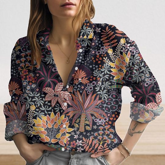 Discover Flowers Retro Linen-Look Shirt, Botanical Blouse Shirt, Floral Flowers Women Shirt, Gardening Casual Tops For Summer, Nature Love Gift