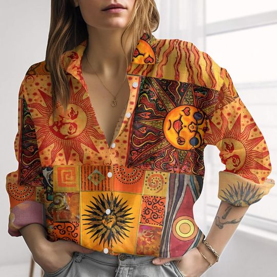 Discover Boho Folk Art Linen-Look Shirt, Cottagecore Blouses Shirt, Vintage Hippie Casual Button Shirt, Psychedelic Women Shirt, Gift For Her