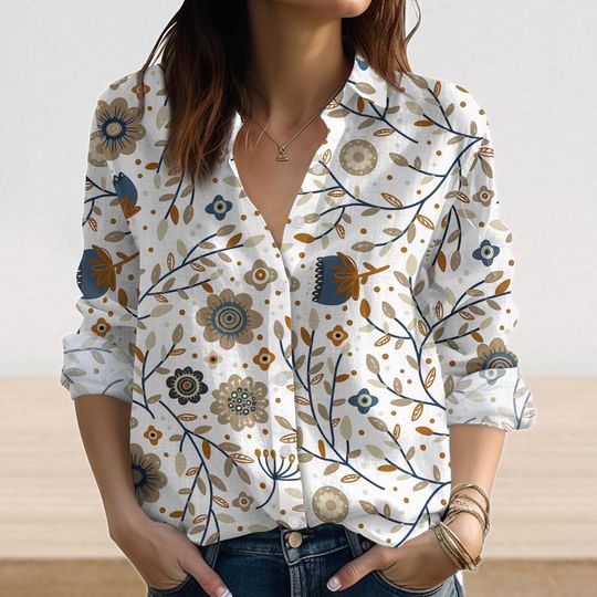 Discover Vintage Floral Linen-Look Shirt, Botanical Blouse Shirt, Folk Pattern Shirts For Women, Casual Shirt, Summer Vacation, Gift For Her