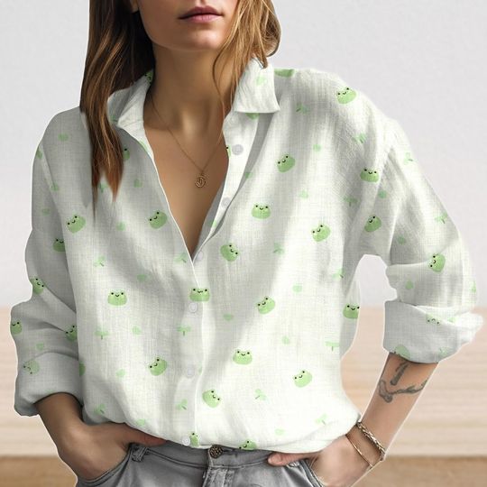 Discover Cute Frog Print Blouse Shirt, Kawaii Frog Women Shirt, Summer Casual Blouse, Cottagecore Shirt, Pastel Aesthetic Top, Gifts For Her