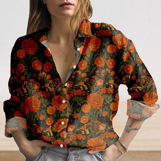 Fall Floral Linen-Look Shirt, Orange Autumn Flowers Blouse Shirt, Retro Cottagecore Casual Tops for Women, Fall Outfits, Gift For Her
