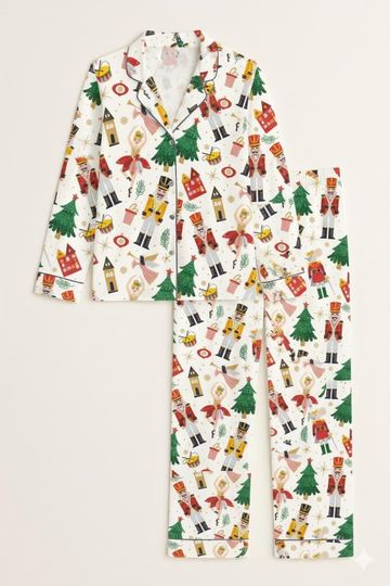 Nutcracker Christmas Pajama Set, Holiday Sleepwear with Ballerina & Tree Print, Festive Long Sleeve PJs, Xmas Loungewear Gift