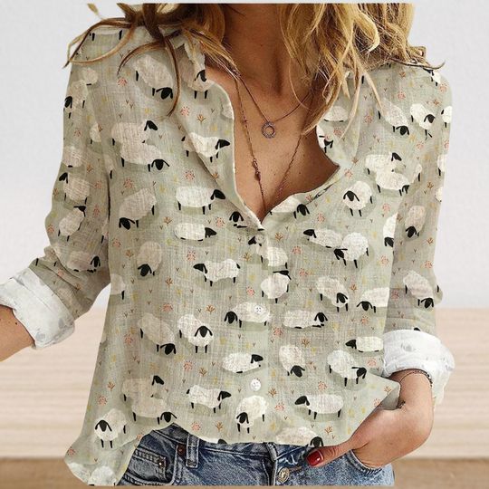 Discover Vintage Sheep Blouse Shirt, Sheep Farm Women Blouse, Sheep Animal Casual Shirt, Sheep Lover Shirt, Funny Sheep Shirt, Farm Animal Shirt