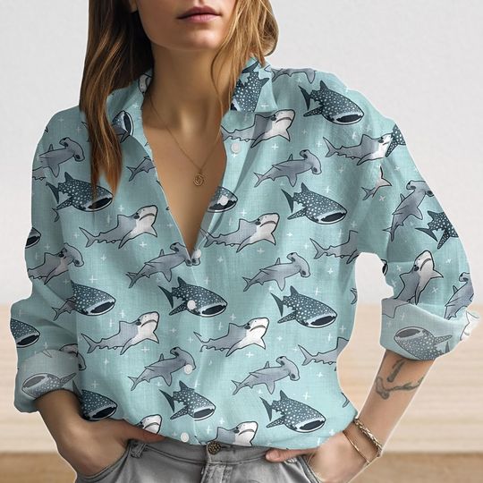 Discover Shark Linen-Look Shirt, Retro Ocean Animal Blouse Shirt, Vacation Shirt For Women, Summer Sea Life Button Shirt, Coastal Gift For Her