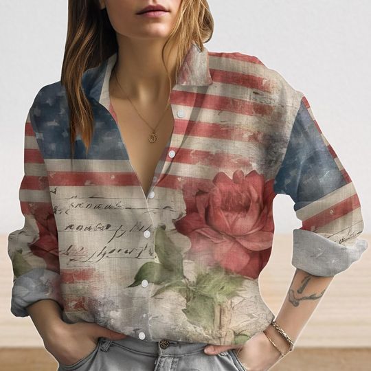 Discover Floral American Flag Linen Shirt, America Womens Blouse Top, Independence Day, USA Summer Top For Women, Patriotic Shirt, Gift For Her
