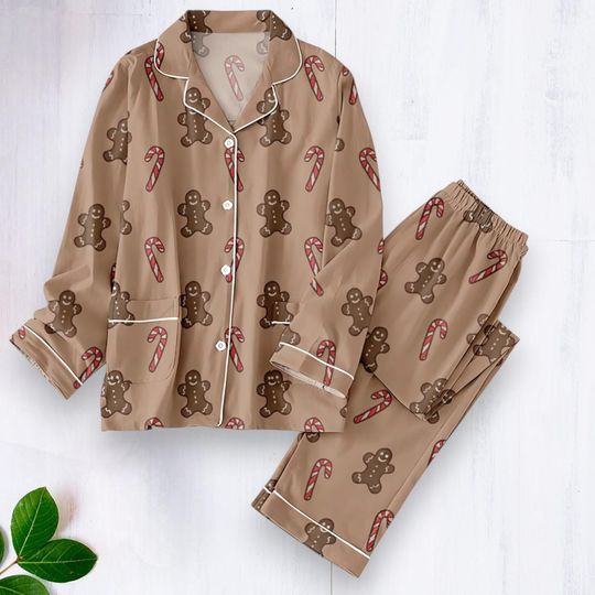 Discover Christmas Pajama Set for Women, Long Sleeve PJs with Gingerbread Man and Candy Cane Print, Cozy Holiday Sleepwear Loungewear