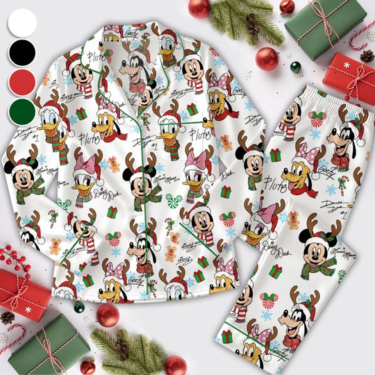 Disney Mickey and Friends Christmas Pajamas for Women Kids, Custom Name Long Sleeve Set Minnie Mouse Goofy Daisy Donald Pluto