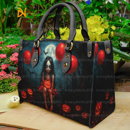 Discover Spooky Halloween Shoulder Bag Creepy Horror Girl with Pumpkin Design