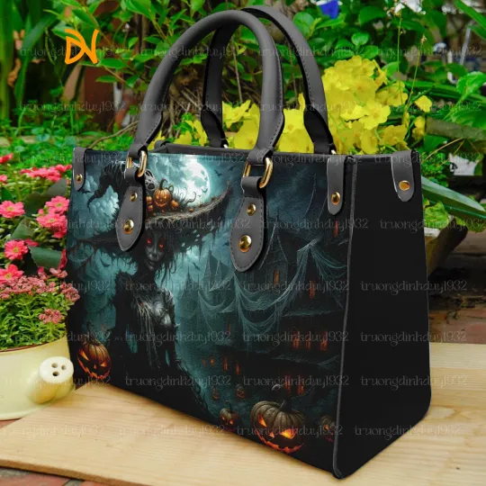 Discover Halloween Witch Handbag with Pumpkin & Haunted House, Halloween Leather Handbag